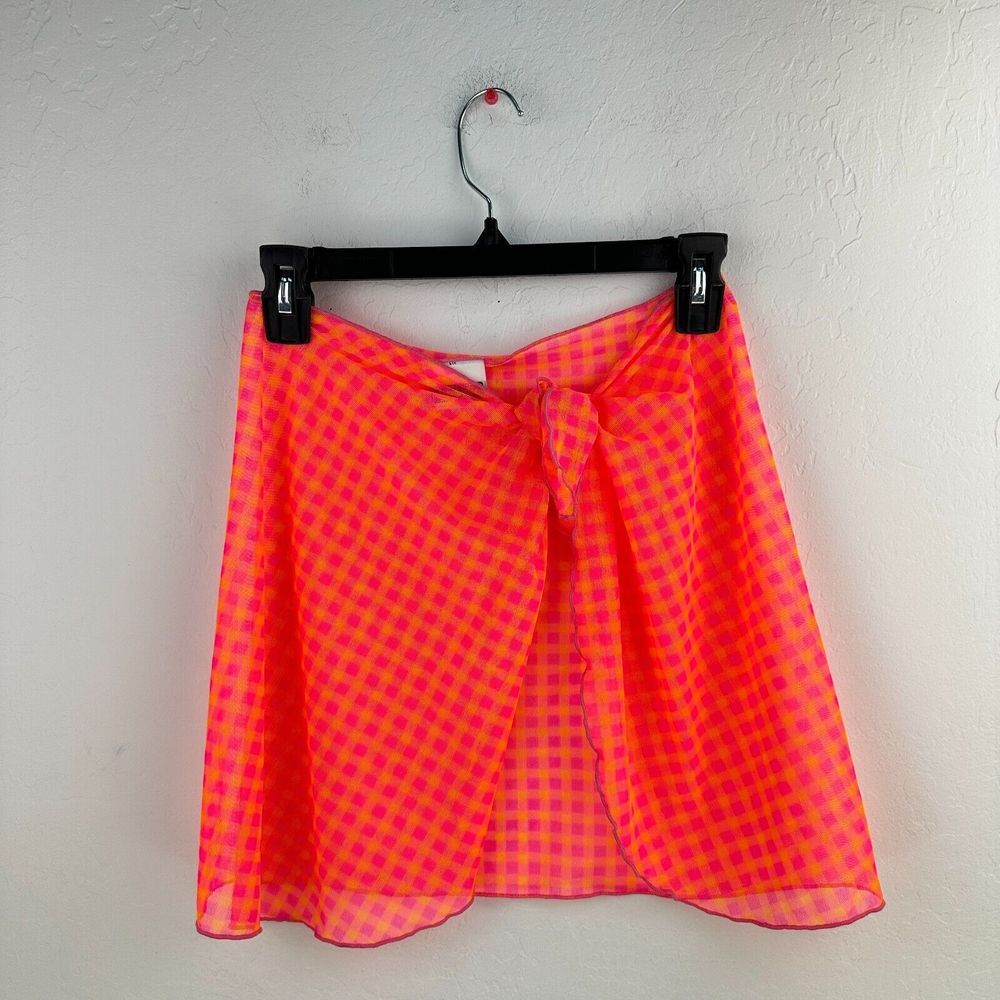 Vtg Xhilaration Skirt Cover Up  XL Pink Yellow Check Mesh Swim Stretch 90s Skate